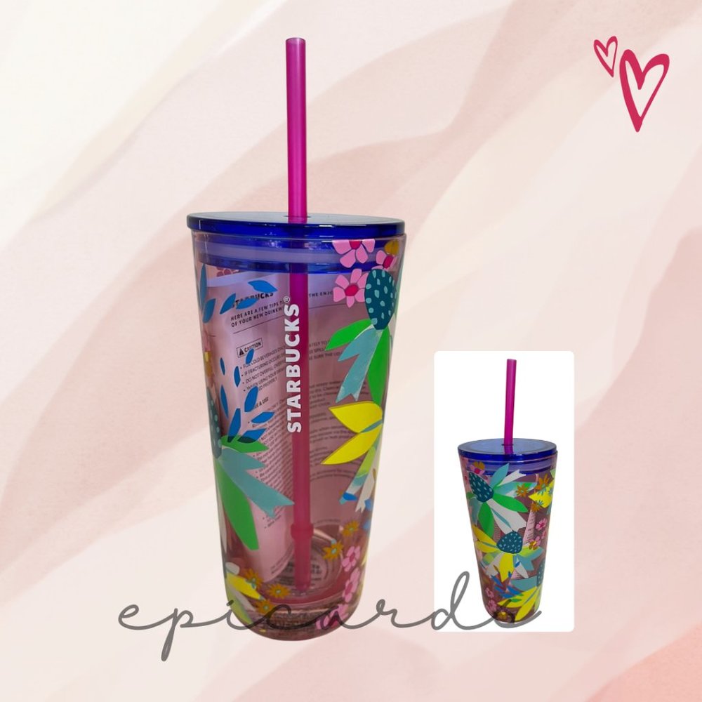 Starbucks Spring 2023 Dancing Coneflowers Floral Glass in Blue/Pink Tumbler18oz